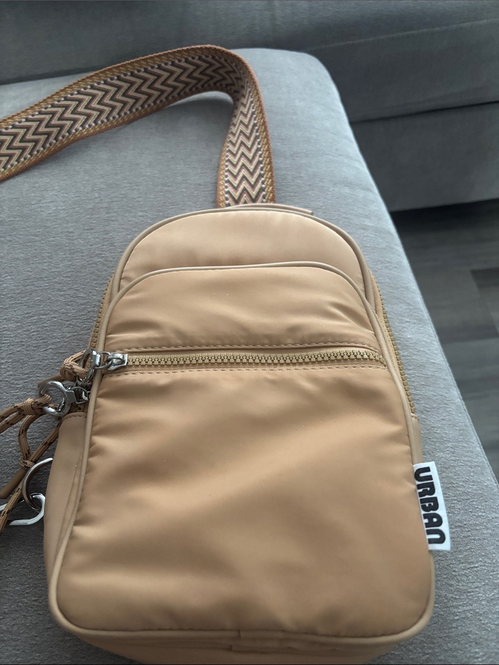 Urban originals, Anthropologie /Tan Crossbody Sling Bag with Patterned Strap